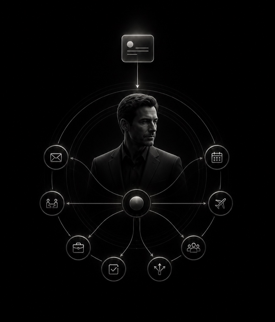 A male operator coordinating executive requests through one connected operating system.