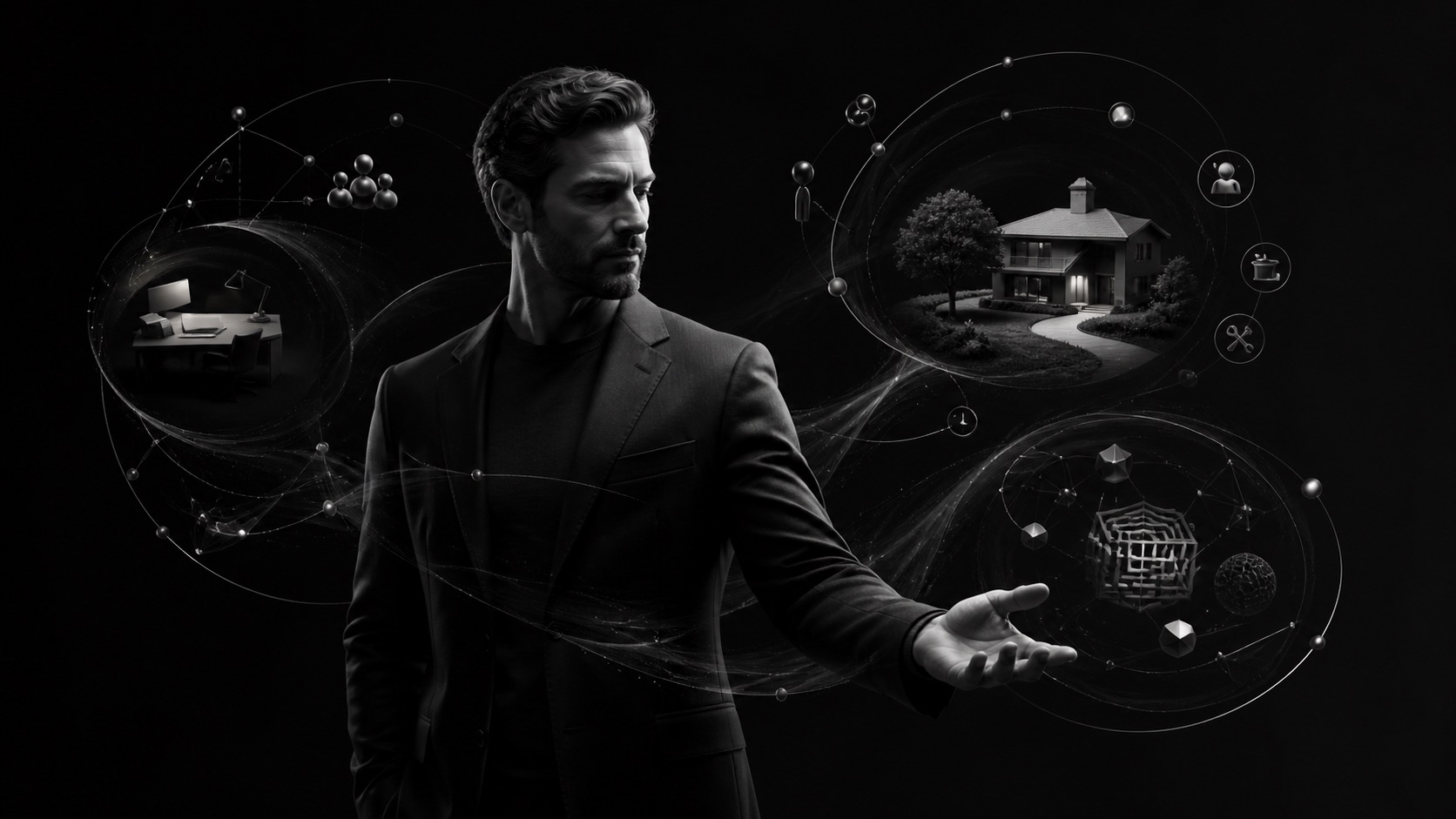 A capable male right hand coordinating executive work, property operations, assets, and personal problems through one connected system.